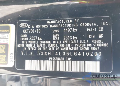 2020 Kia Optima Lx из США, поврежденный, VIN 5XXGT4L36LG410209